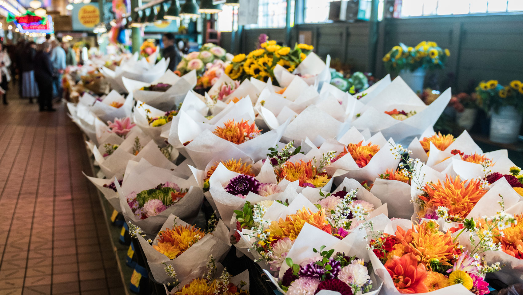 bouquets of flowers at a market