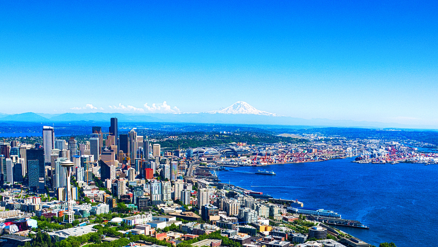 downtown seattle aerial view mt rainier